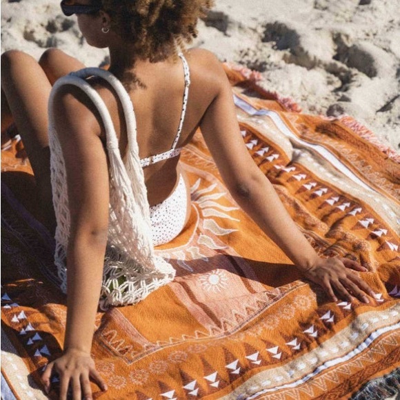 Sunset Orange/Blue Afghan Rug - Picture 3 of 8